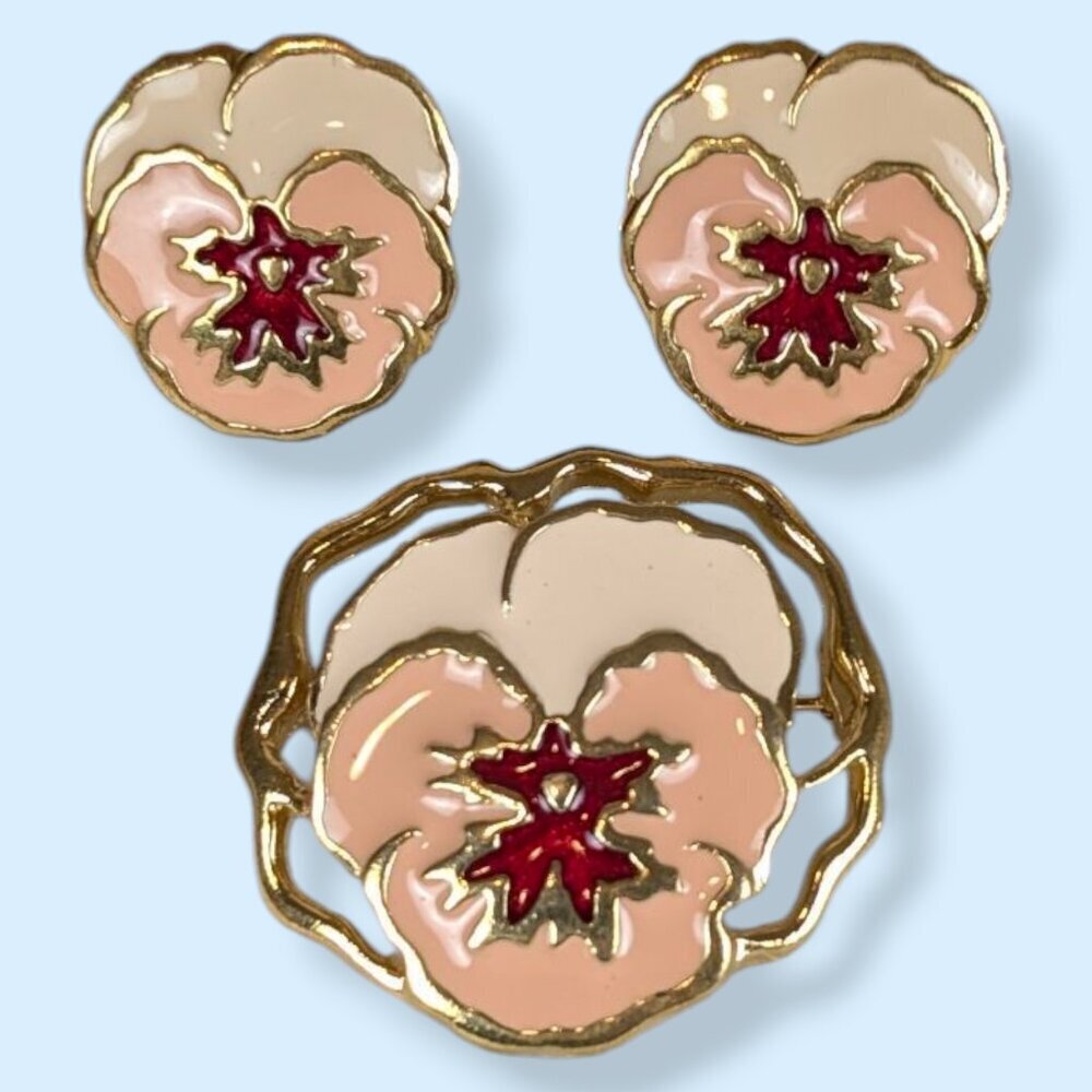 V. Avon Enamel Pansy Demi Parure